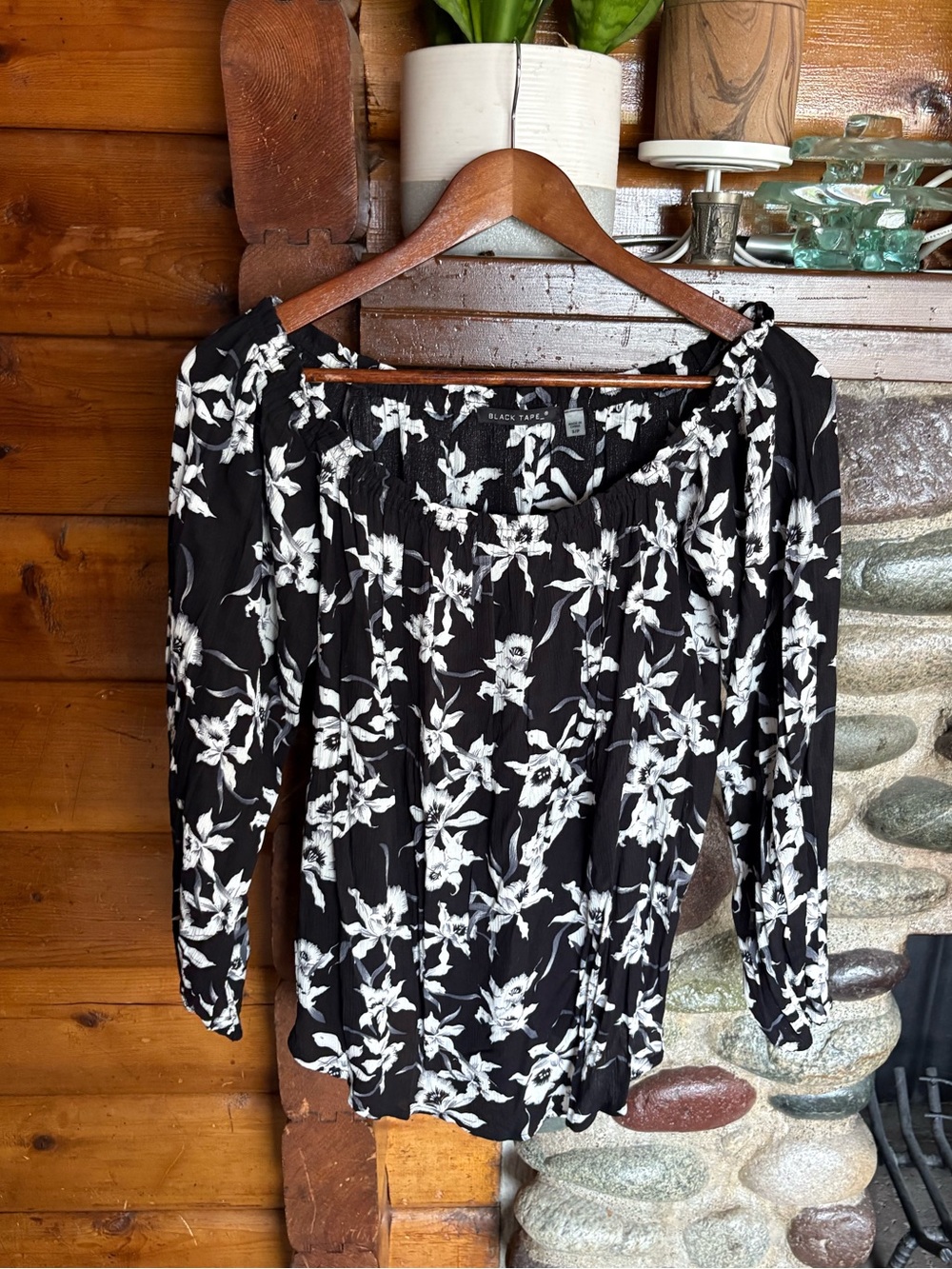 Black Tape Floral Off Shoulder Boho Peasant Blouse Cottagecore Romantic Top S